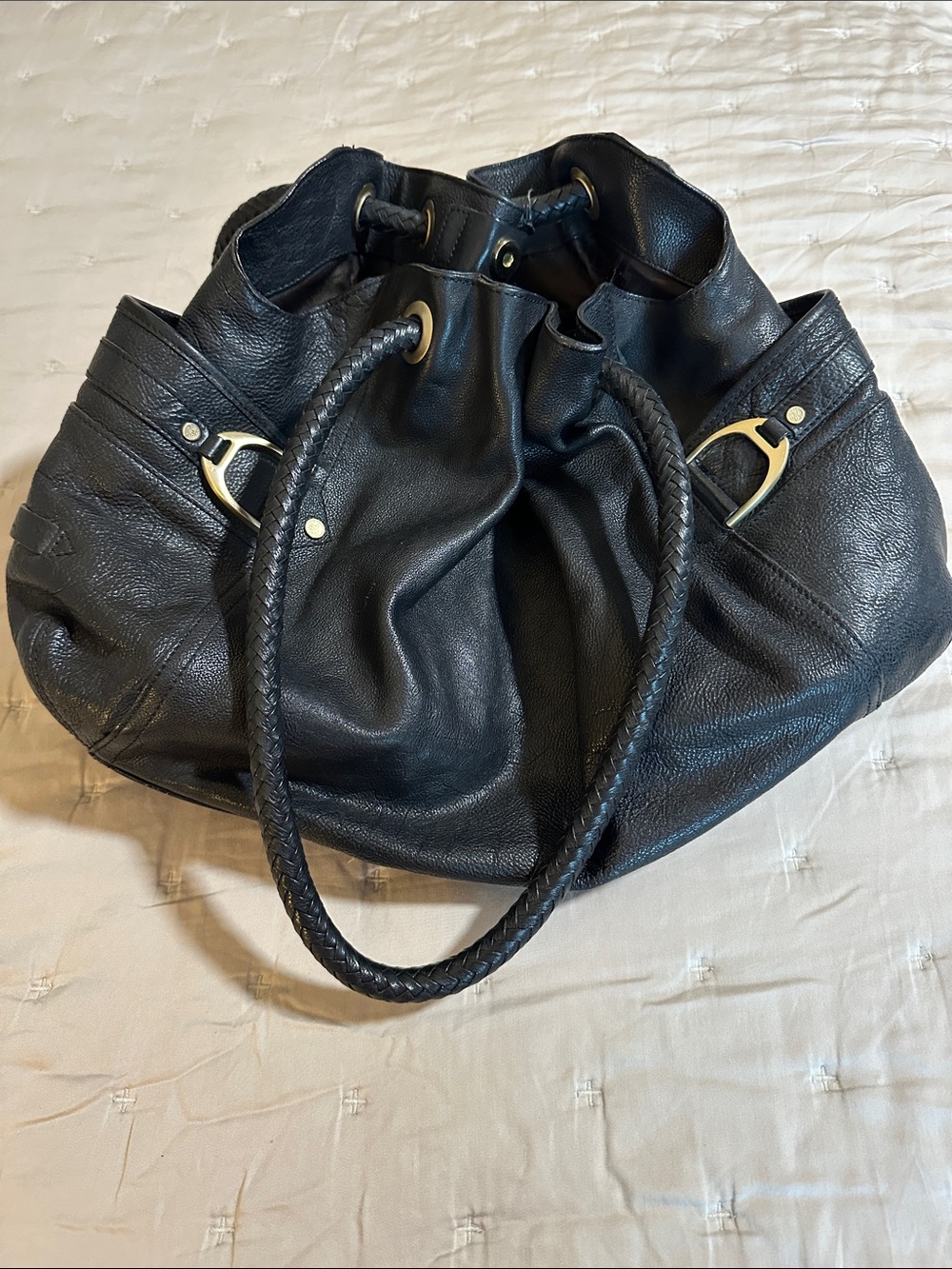 Cole Haan Black Leather Drawstring Shoulder Bag with Braided Handles